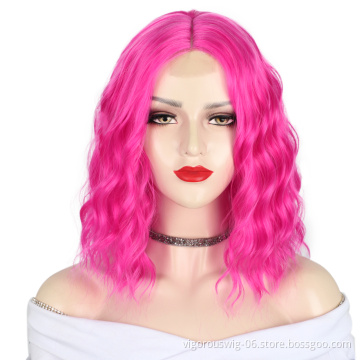 Hot Selling Wholesale U Part High Temperature Heat Resistant Water Wave Pink Bob Short Synthetic Lace Front Wig